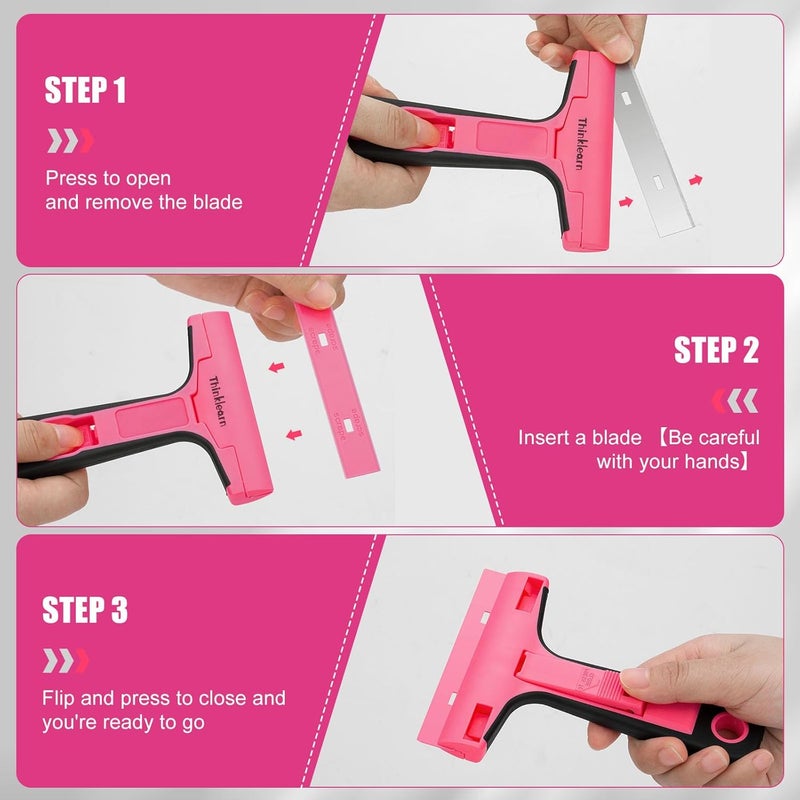 ThinkLearn Razor Blade Scraper Tool, 4" Razor Scraper with 20Pcs Replacement Blades, Pink Glass Scraper for Removing Decals, Tint, Stickers, Labels, Caulk, Adhesive from Window, Oven, Stove Top - Image 4